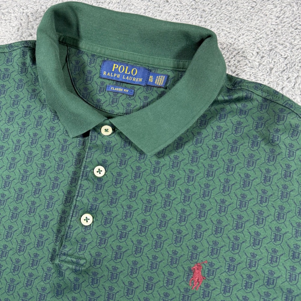 Polo Ralph Lauren Polo Shirt Mens XL Green Crest All Over Print Classic Fit